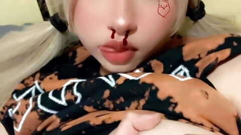 Blonde anime slut plays with her big boobs