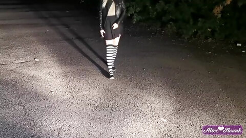 Russian Schoolgirl Decided To Masturbate Her Pussy At Night On The Street In The Light Of Headlights