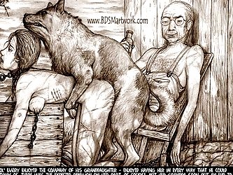 The kinky BDSM picture shows a dog fucking a girl in front of her grandpa.