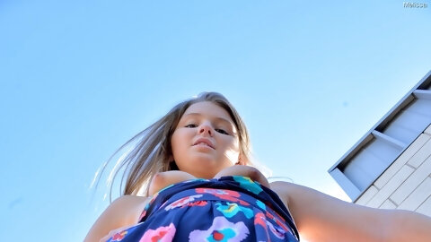 Pretty Melissa M flashes a pantyless upskirt in public then toys with a banana