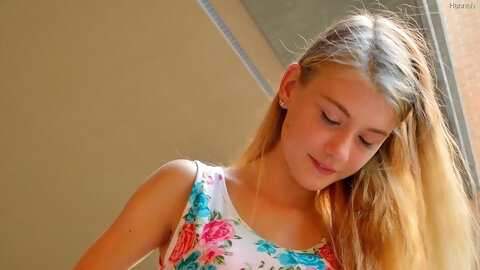 Slim blonde teen Hannah exposes her shaved cunt and ass in public